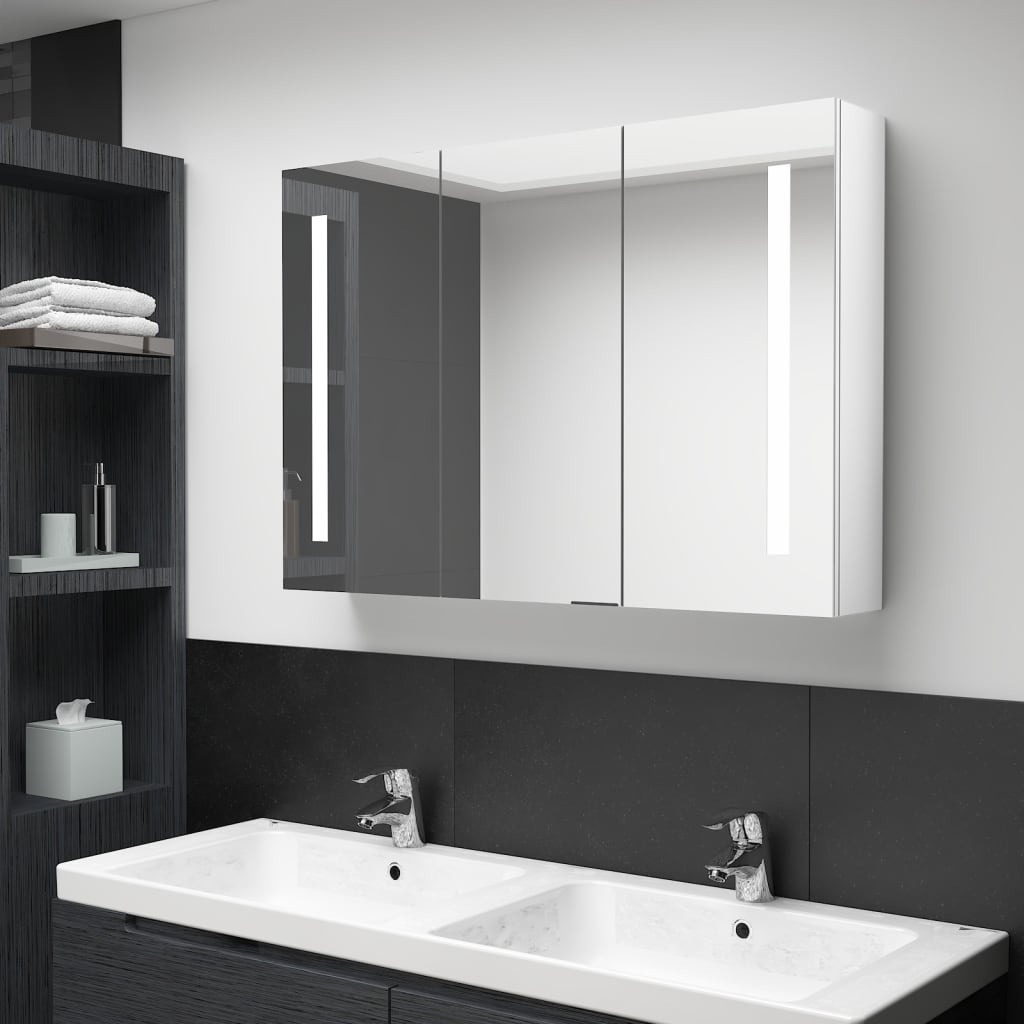 vidaXL Dulap de baie cu oglinda si LED, alb stralucitor, 89x14x62 cm