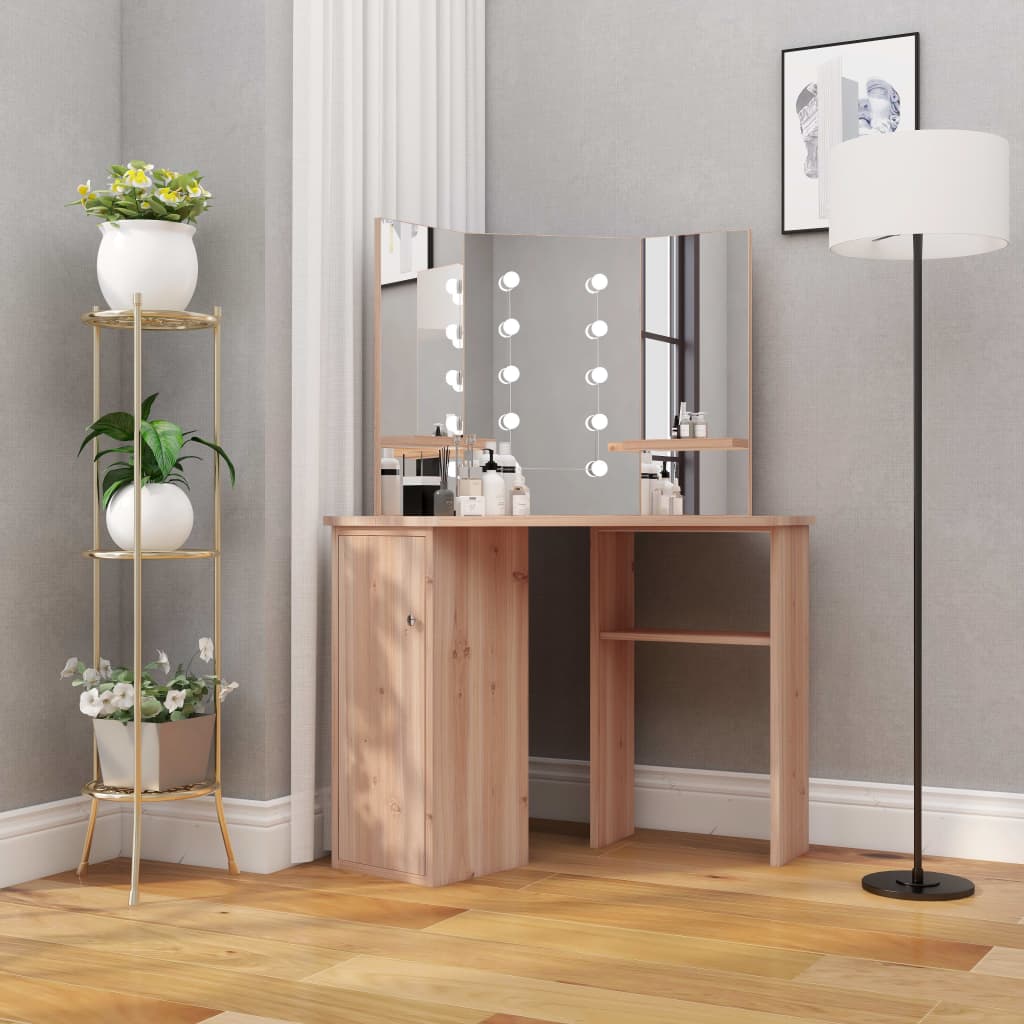 vidaXL Masă de toaletă de colț cu LED, stejar, 111x54x141,5 cm vidaxl.ro