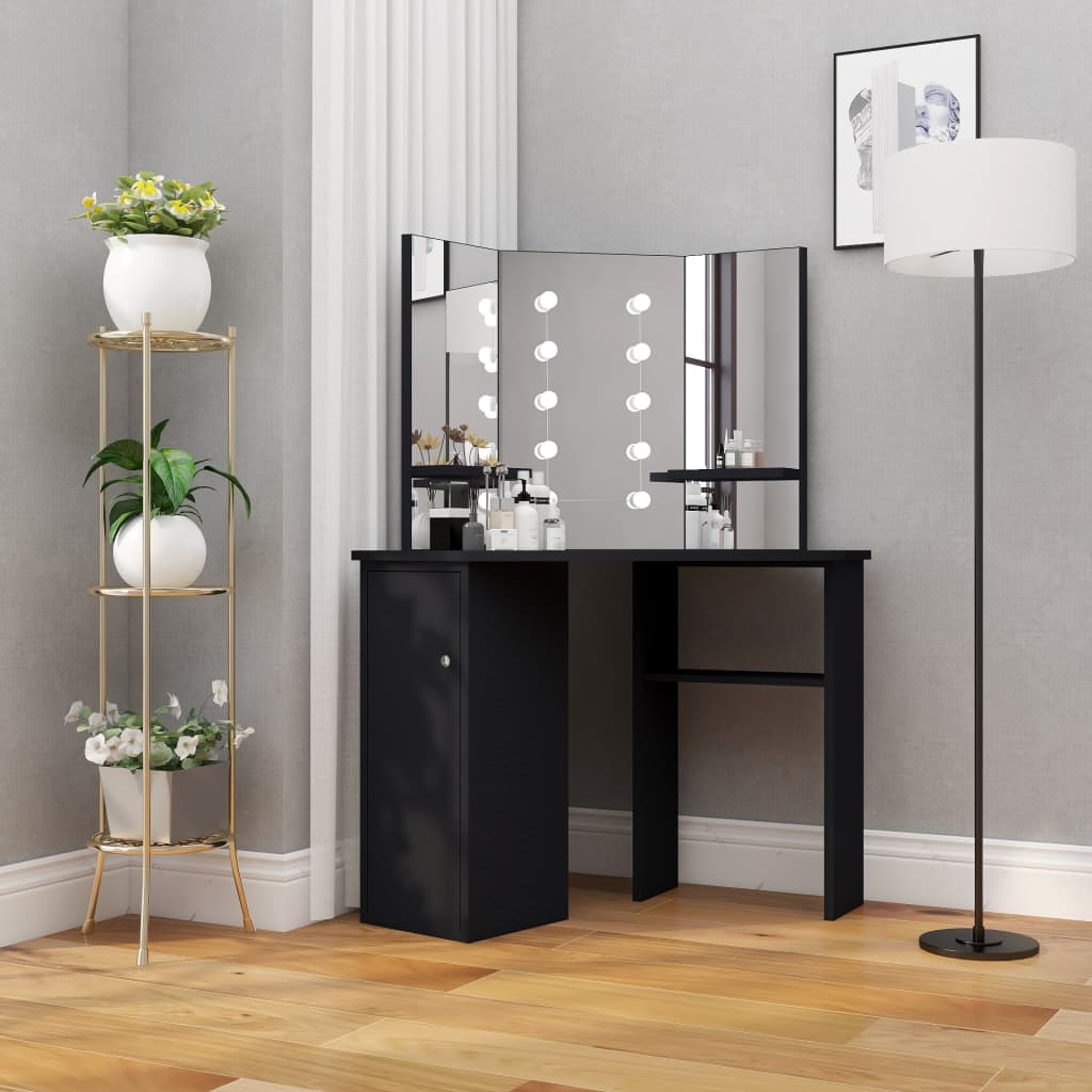 Petrashop  Rohový toaletní stolek s LED světlem černý 111 x 54 x 141,5 cm