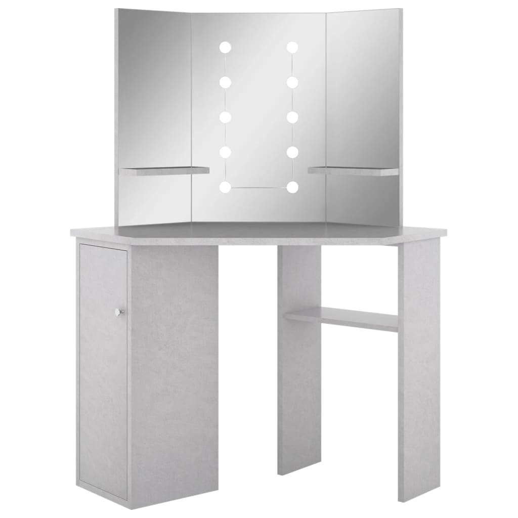 Rohový toaletní stolek s LED betonově šedý 111 x 54 x 141,5 cm