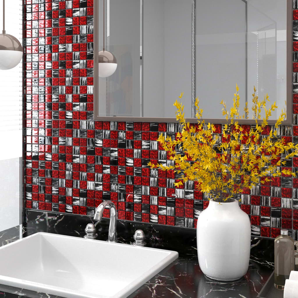  vidaXL Plăci mozaic autoadezive 11 buc. negru și roșu 30x30 cm sticlă