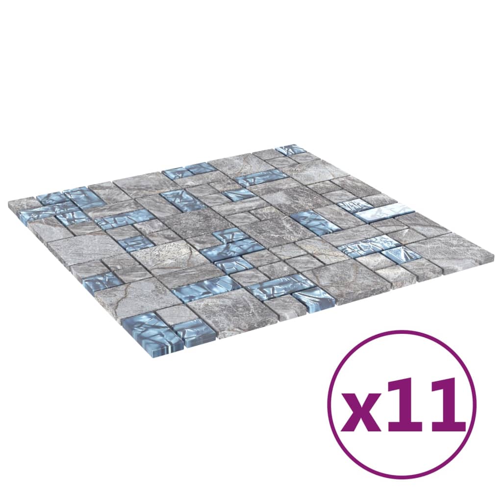 Plăci mozaic, 11 buc., gri și albastru, 30×30 cm, sticlă