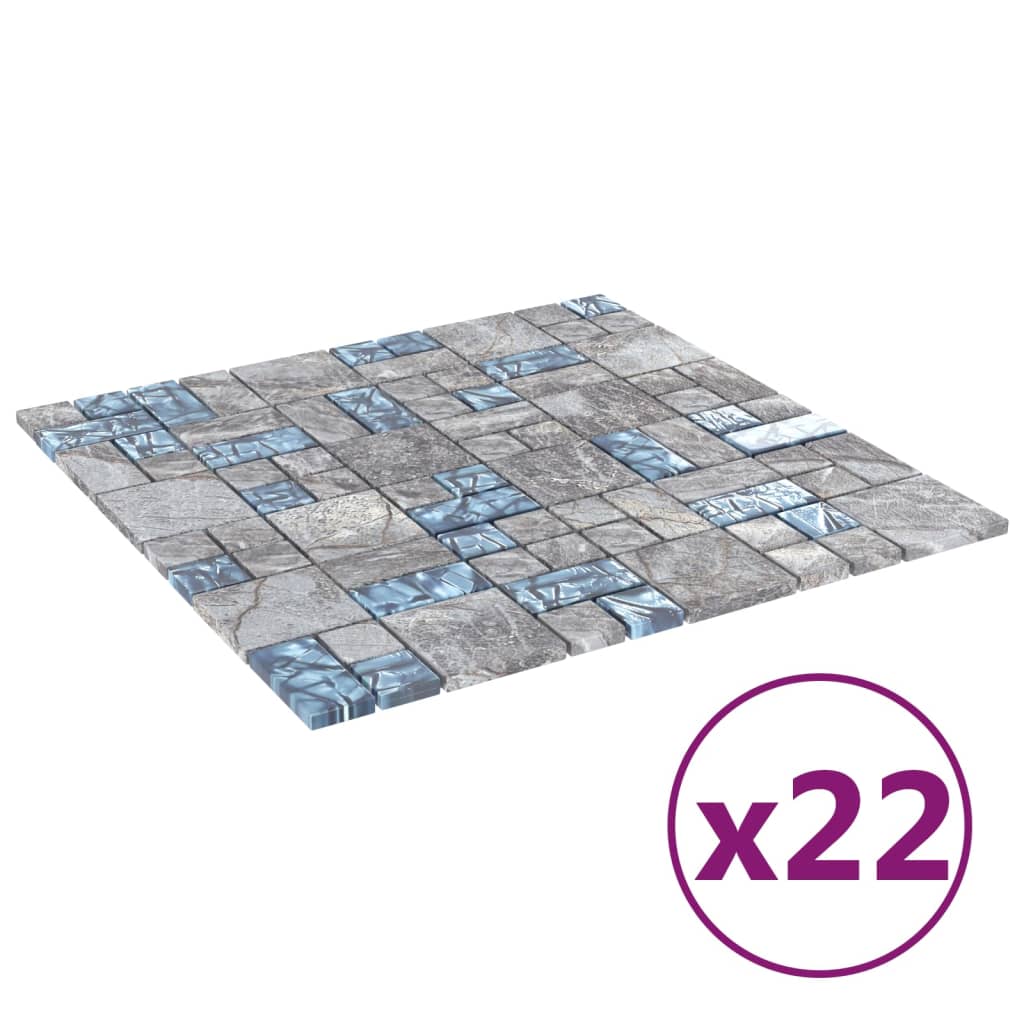 Plăci mozaic, 22 buc., gri și albastru, 30×30 cm, sticlă