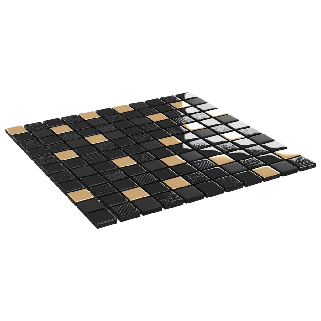 vidaXL Mozaikinės plytelės, 11vnt., juodos/auksinės, 30x30cm, stiklas