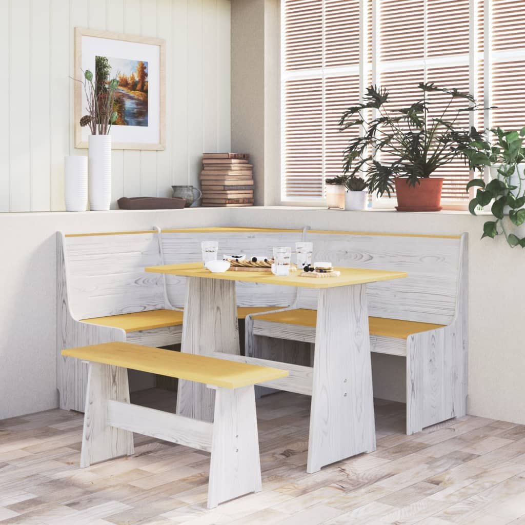 vidaXL spisebord med bænk massivt fyrretræ gyldenbrun og hvid
