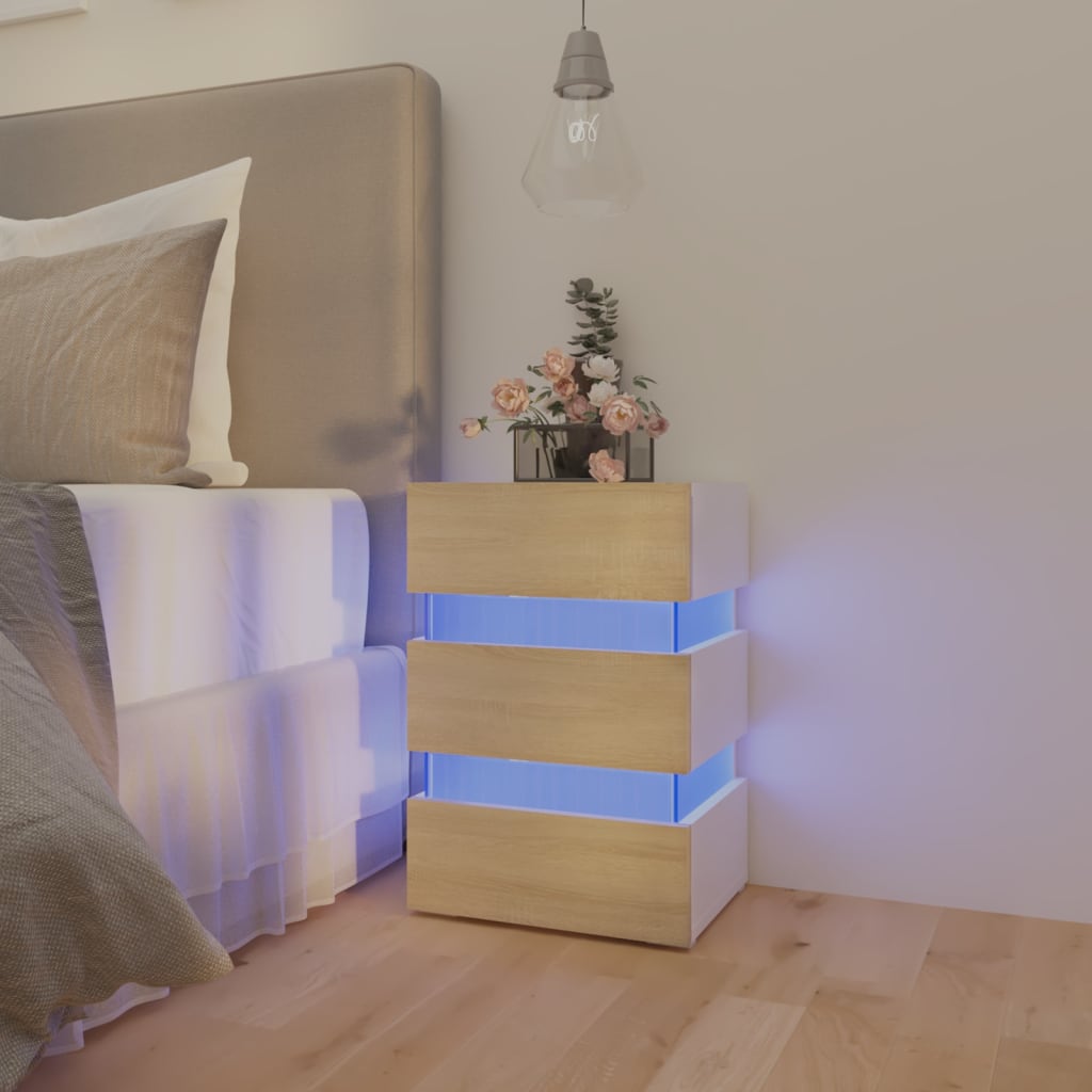 vidaXL Noptieră cu LED, alb/stejar sonoma, 45x35x67 cm, lemn prelucrat
