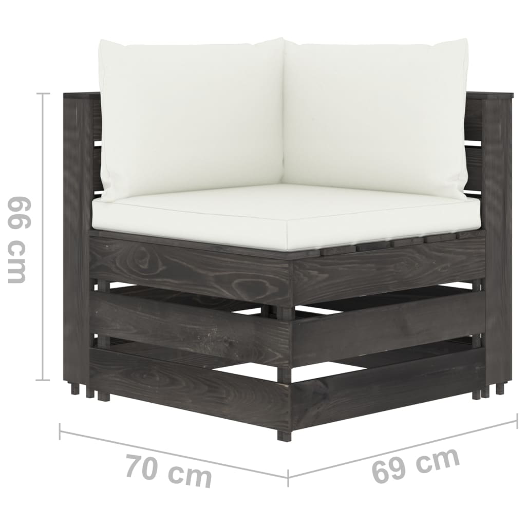 Zestaw wypoczynkowy ogrodowy, drewno sosnowe, impregnowane, kremowe poduszki, wymiary: 69x70x66 cm, 60x70x66 cm, 60x62x37 cm, 6 cm/13 cm poduszki