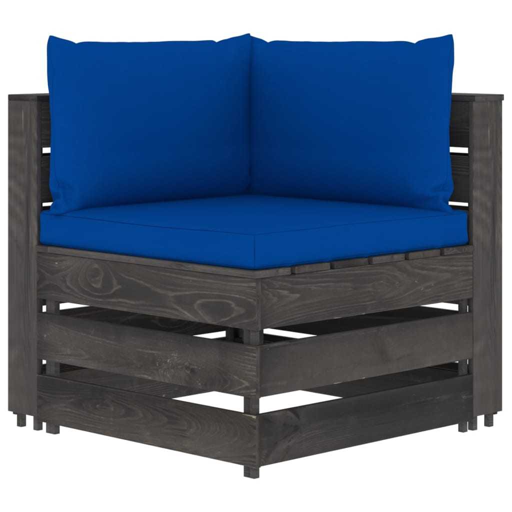 Zestaw wypoczynkowy ogrodowy, drewno sosnowe, niebieskie poduszki, 69x70x66 cm, 60x70x66 cm, 60x62x37 cm, 6 cm/13 cm, montaż