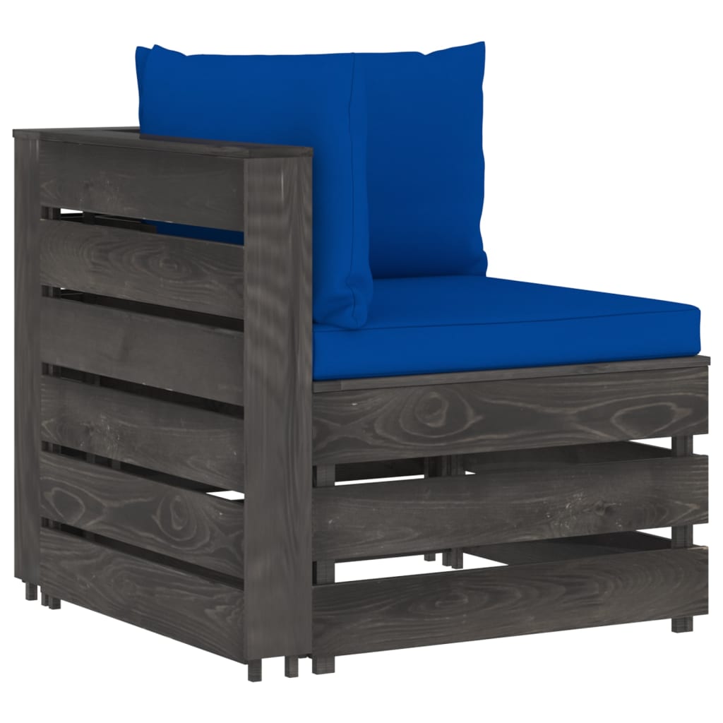 Zestaw wypoczynkowy ogrodowy, drewno sosnowe, niebieskie poduszki, 69x70x66 cm, 60x70x66 cm, 60x62x37 cm, 6 cm/13 cm, montaż