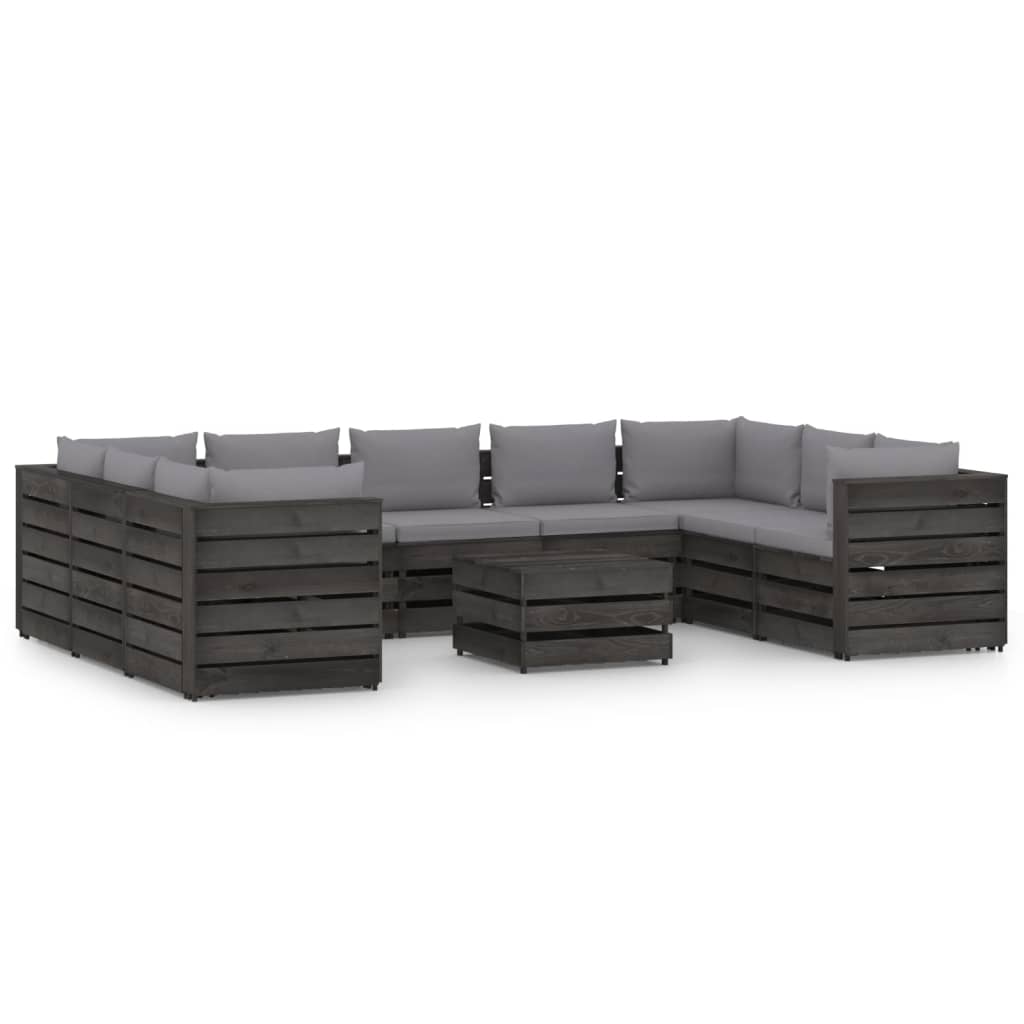 Salon de jardin 10 pcs avec coussins Bois imprégné de gris