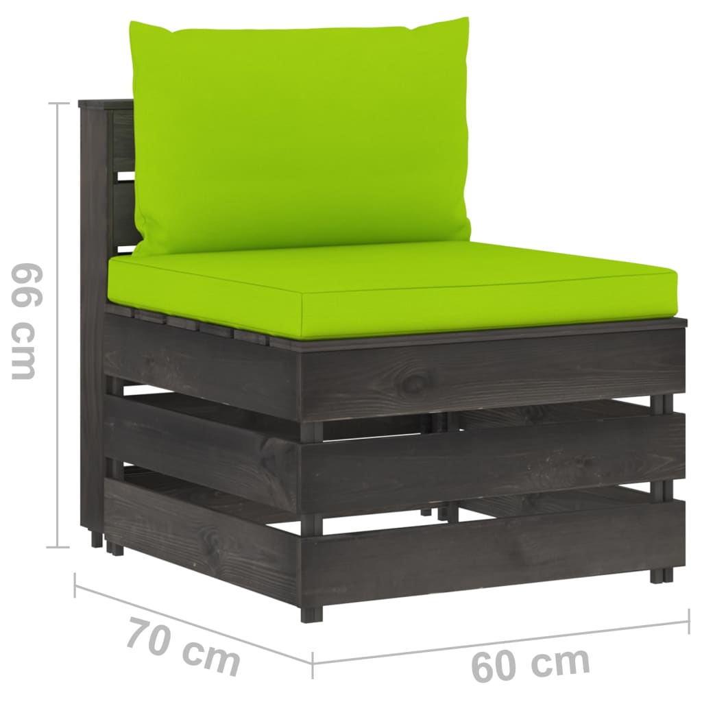 Zestaw wypoczynkowy ogrodowy, impregnowane drewno sosnowe, jasnozielone poduszki, wymiary: sofy narożne 69x70x66 cm, sofy środkowe 60x70x66 cm, stolik/podnóżek 60x62x37 cm, fotel 77x70x66 cm, poduszki: siedzisko 6 cm, oparcie/bok 13 cm, montaż wymagany, zawartość przesyłki: 2x sofa środkowa, 3x sofa narożna, 2x stolik/podnóżek, 1x fotel, 6x poduszka siedzisko, 9x poduszka oparcie/bok