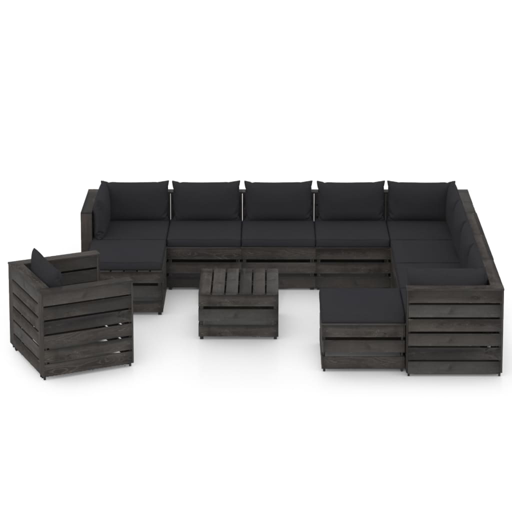 

vidaXL 12-delige Loungeset met kussens grijs geïmpregneerd hout