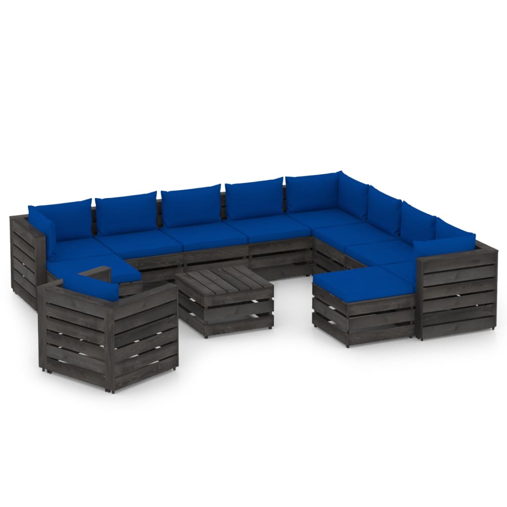 Poza vidaXL Set mobilier de gradina cu perne, 12 piese, gri, lemn tratat