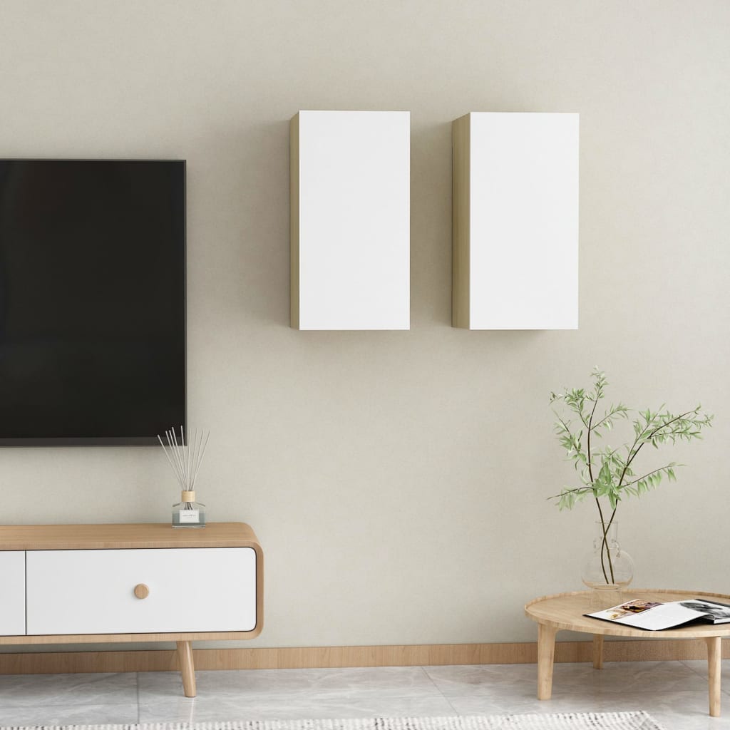 vidaXL Comode TV, 2 buc., alb și stejar Sonoma, 30,5x30x60 cm