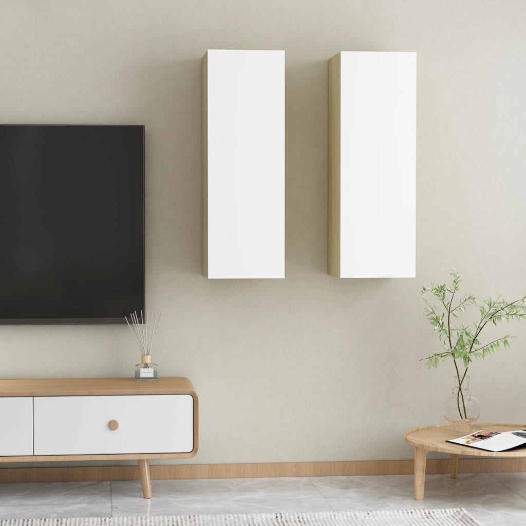 Tv-meubelen 2 st 30,5x30x90 cm spaanplaat wit sonoma eikenkleur