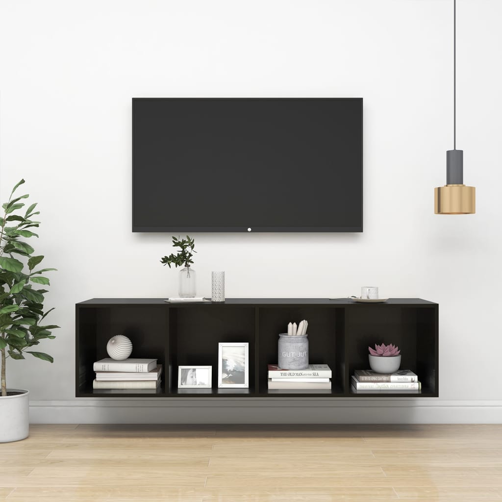 vidaXL Wiszca szafka TV, czarna, wysoki poysk, 37x37x142,5 cm