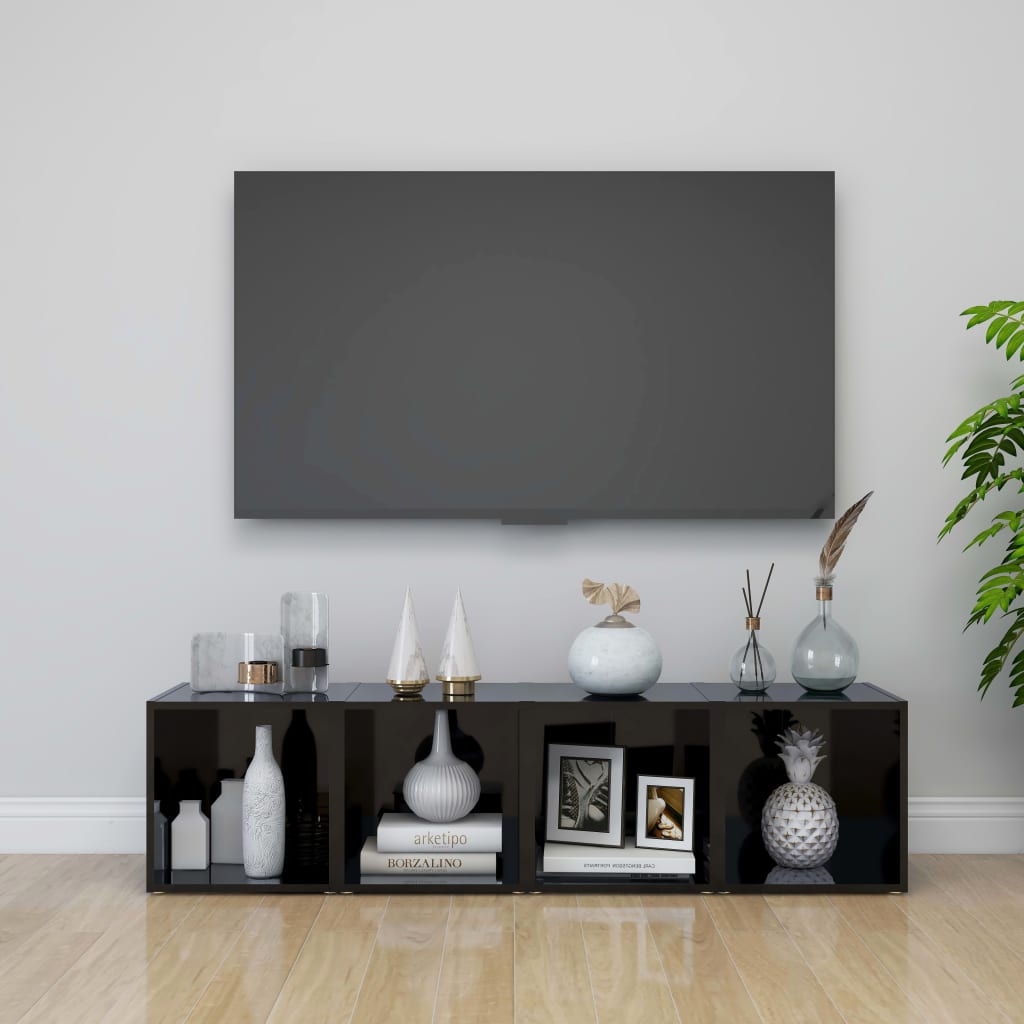 Comode TV, 2 buc., negru extralucios, 37x35x37 cm, PAL