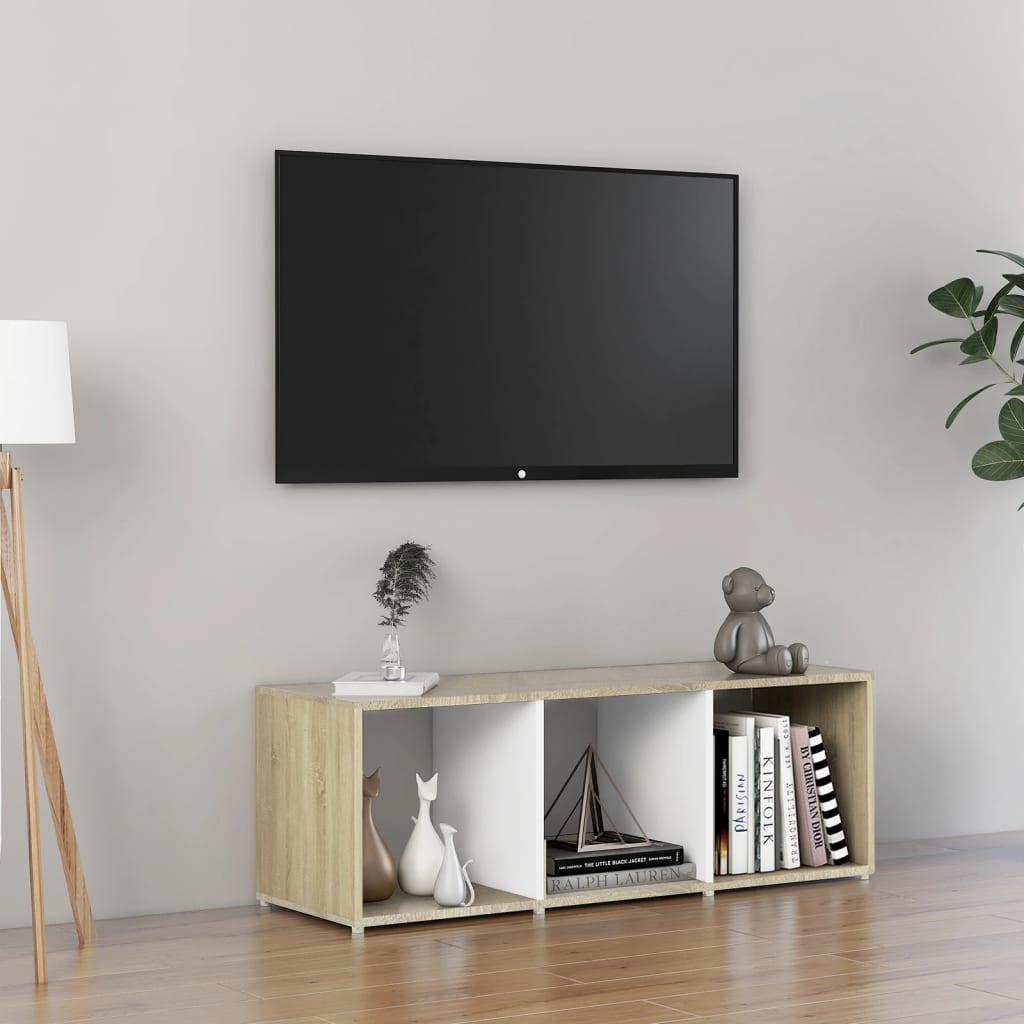 fehér és tölgyszínű forgácslap TV-szekrény 107 x 35 x 37 cm
