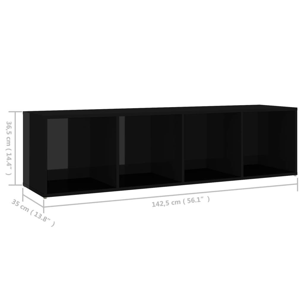 Comodă TV, negru extralucios, 142,5x35x36,5 cm, PAL