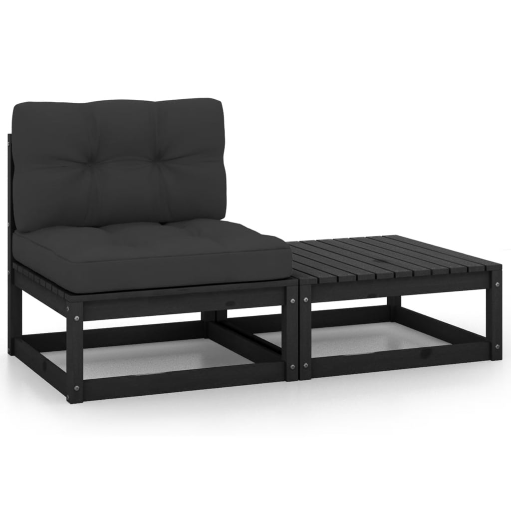 2-tlg. Garten-Lounge-Set mit Kissen Schwarz Kiefer Massivholz