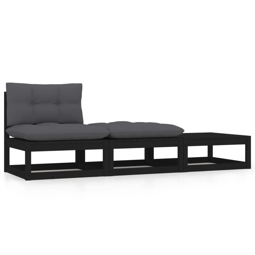 Poza vidaXL Set mobilier gradina cu perne, 3 piese, negru, lemn masiv pin