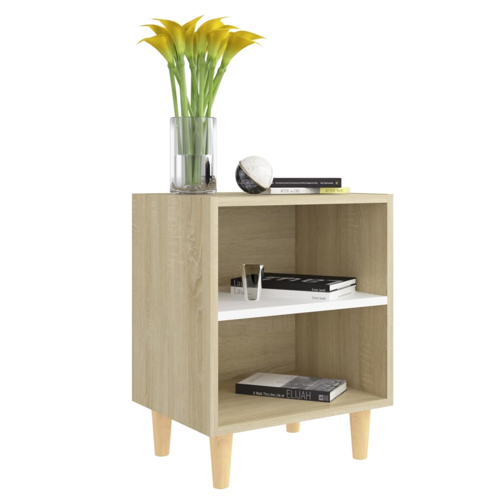 vidaXL Bed Cabinet with Solid Wood Legs Sonoma Oak & White 40x30x50cm