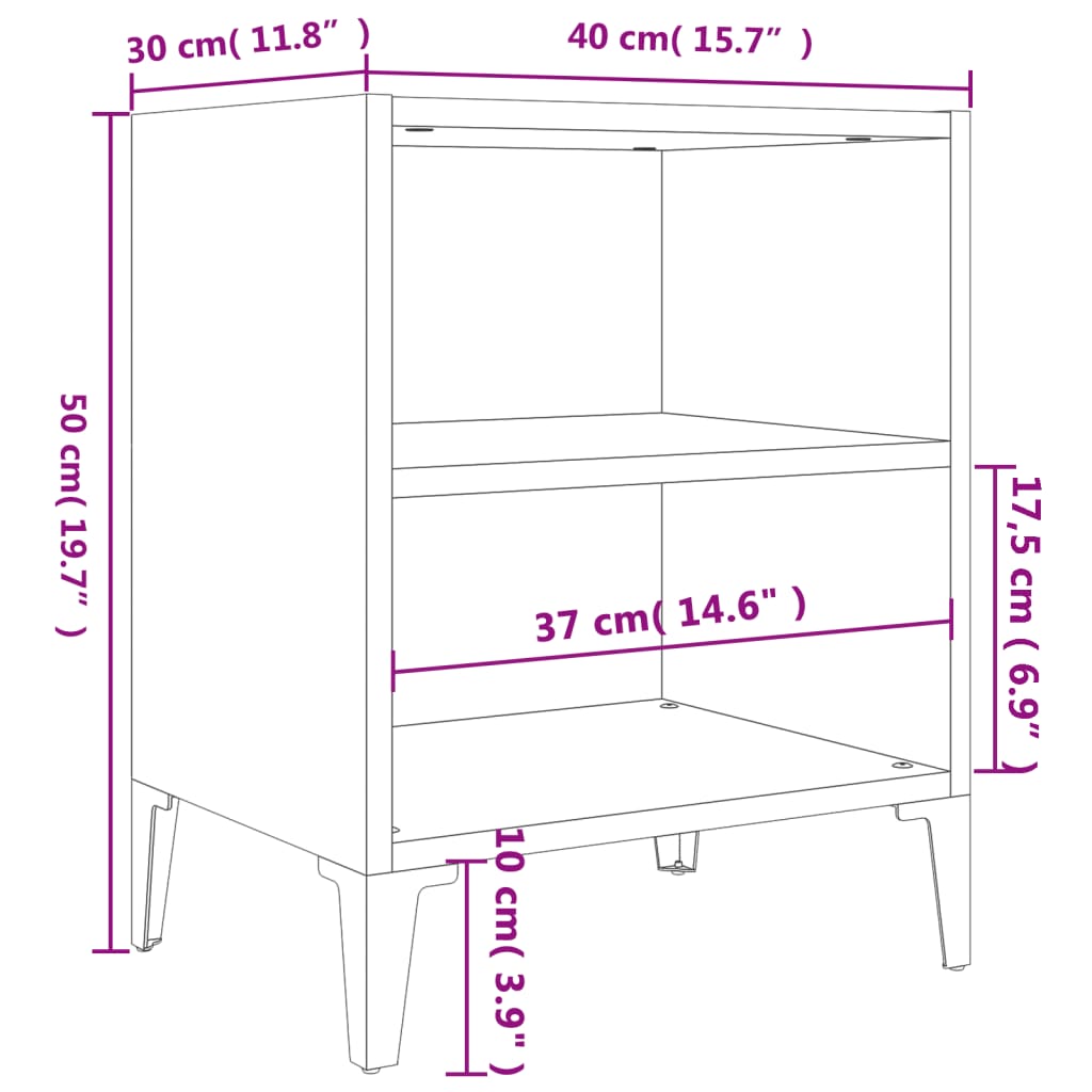  Nočný stolík s kovovými nožičkami dub sonoma a biely 40x30x50 cm