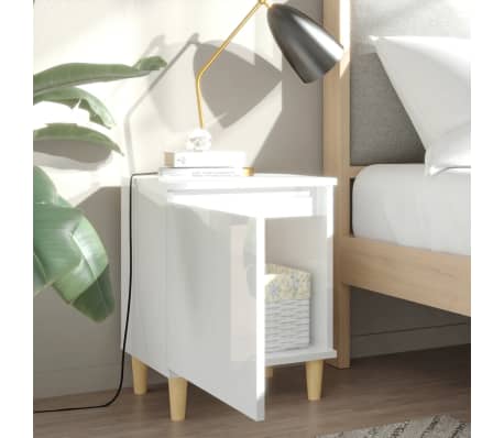 vidaXL Nattbord med ben i heltre h&oslash;yglans hvit 40x30x50 cm