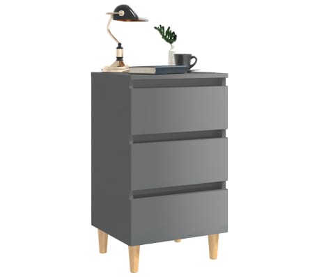 vidaXL Bed Cabinet with Solid Wood Legs High Gloss Grey 40x35x69 cm