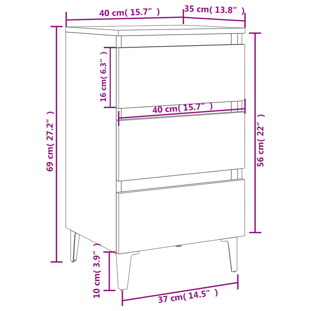 Noptiere cu picioare metalice, 2 buc., alb, 40x35x69 cm