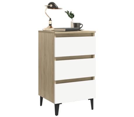 vidaXL Bed Cabinet with Metal Legs White and Sonoma Oak 40x35x69 cm