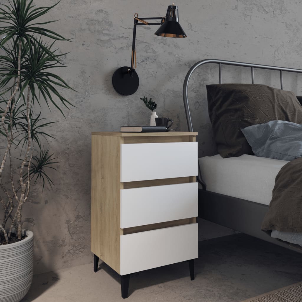 vidaXL Bed Cabinet with Metal Legs 2 pcs White and Sonoma Oak 40x35x69 cm