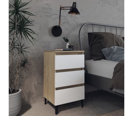 vidaXL Bed Cabinet with Metal Legs 2 pcs White and Sonoma Oak 40x35x69 cm