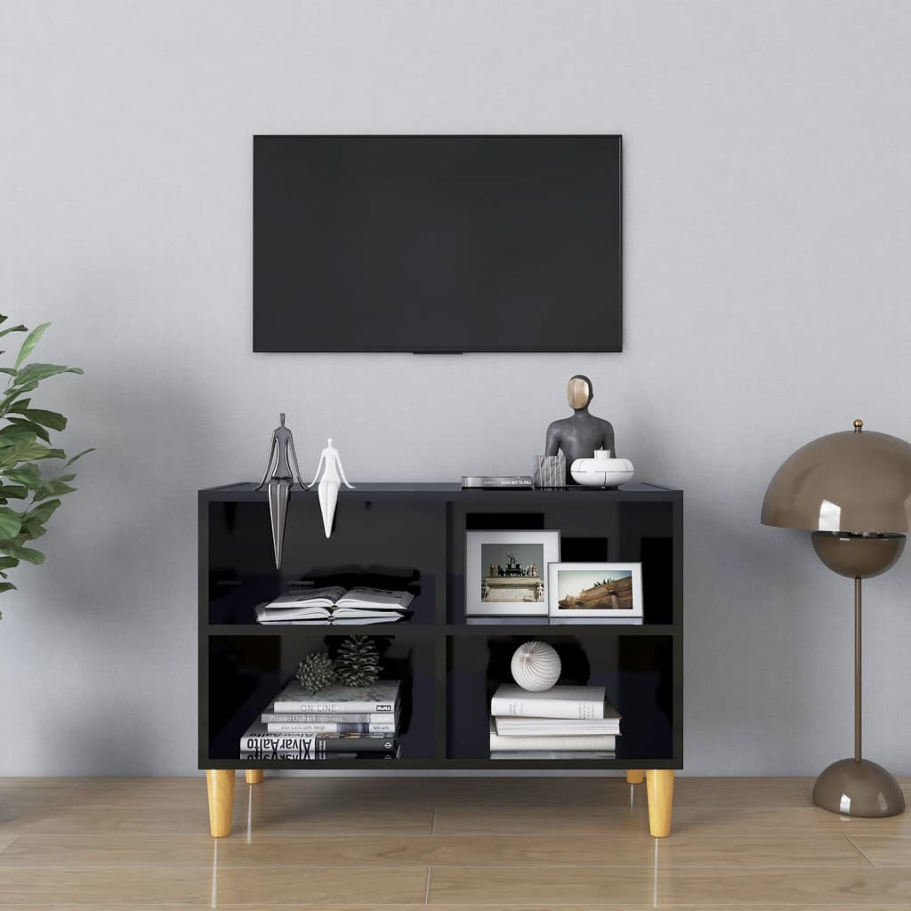 vidaXL Szafka TV z drewnianymi nkami, czarna, poysk, 69,5x30x50 cm