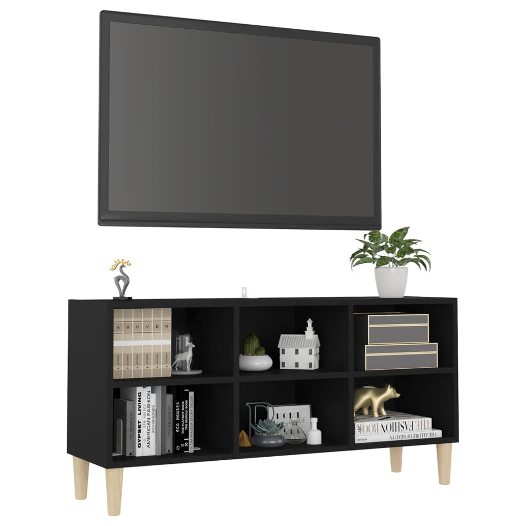 Meuble TV avec pieds en bois massif Noir 103,5x30x50 cm | meublestv.fr 4