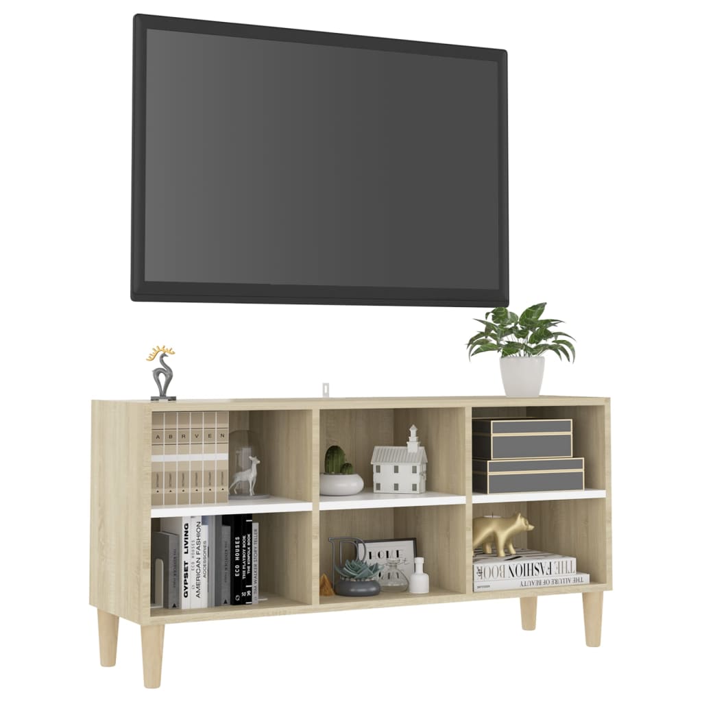 Meuble TV et pieds en bois Blanc et chêne sonoma 103,5x30x50 cm | meublestv.fr 4