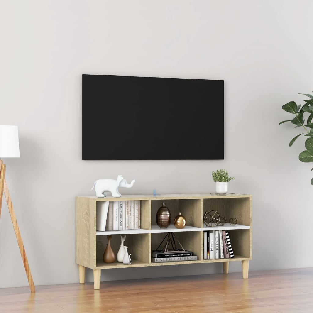 Meuble TV et pieds en bois Blanc et chêne sonoma 103,5x30x50 cm | meublestv.fr 2