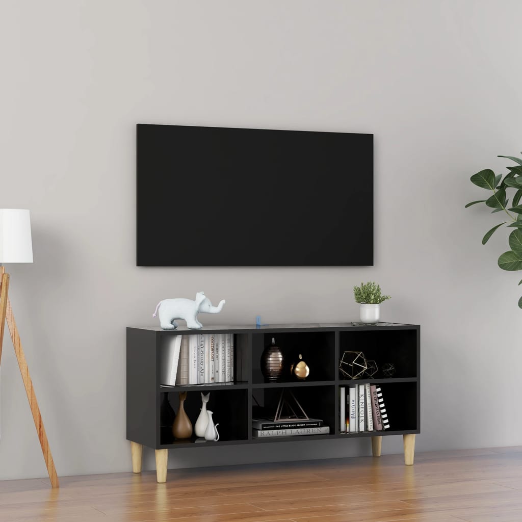 Poza vidaXL Comoda TV, picioare lemn masiv, negru extralucios, 103,5x30x50 cm