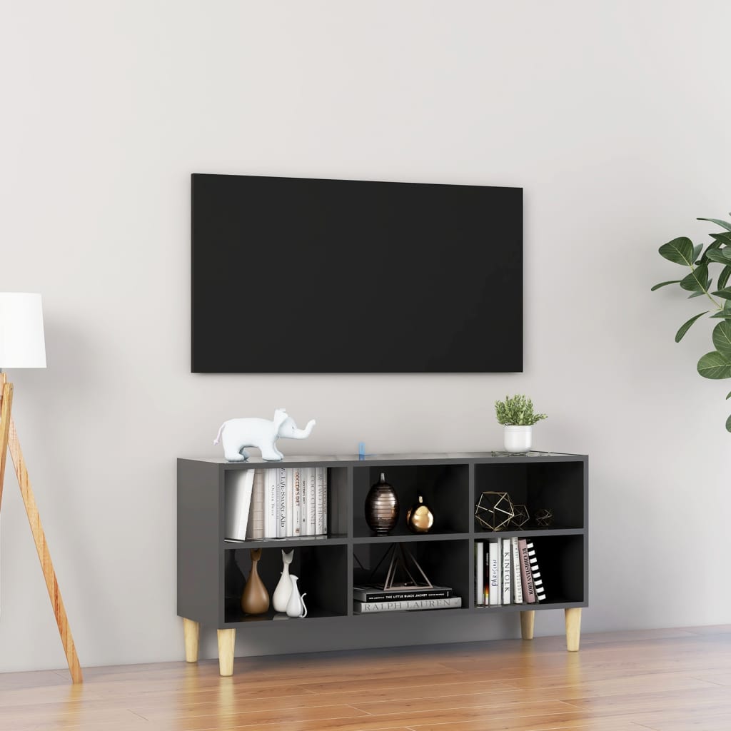 Meuble TV avec pieds en bois massif Gris brillant 103,5x30x50cm