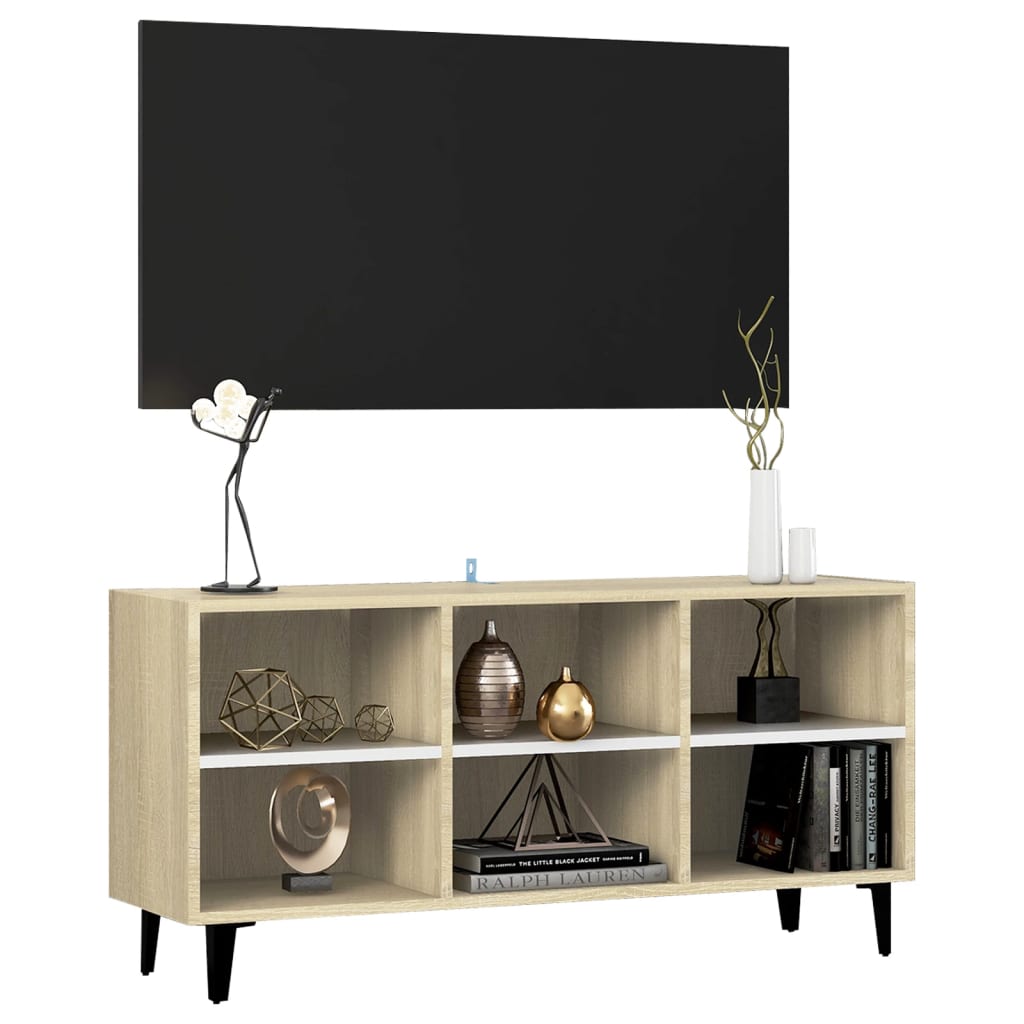 Meuble TV avec pieds en métal Blanc/chêne sonoma 103,5x30x50 cm | meublestv.fr 4