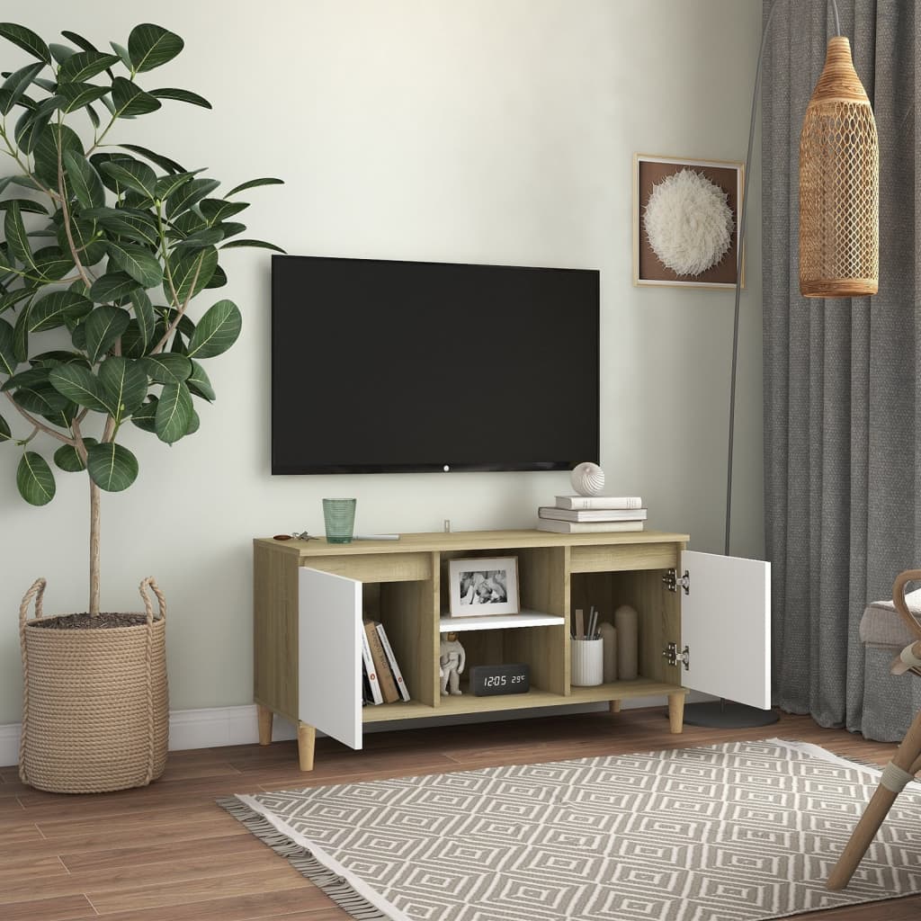  TV stolík nohy z dreva biela a farba dubu sonoma 103,5x35x50 cm