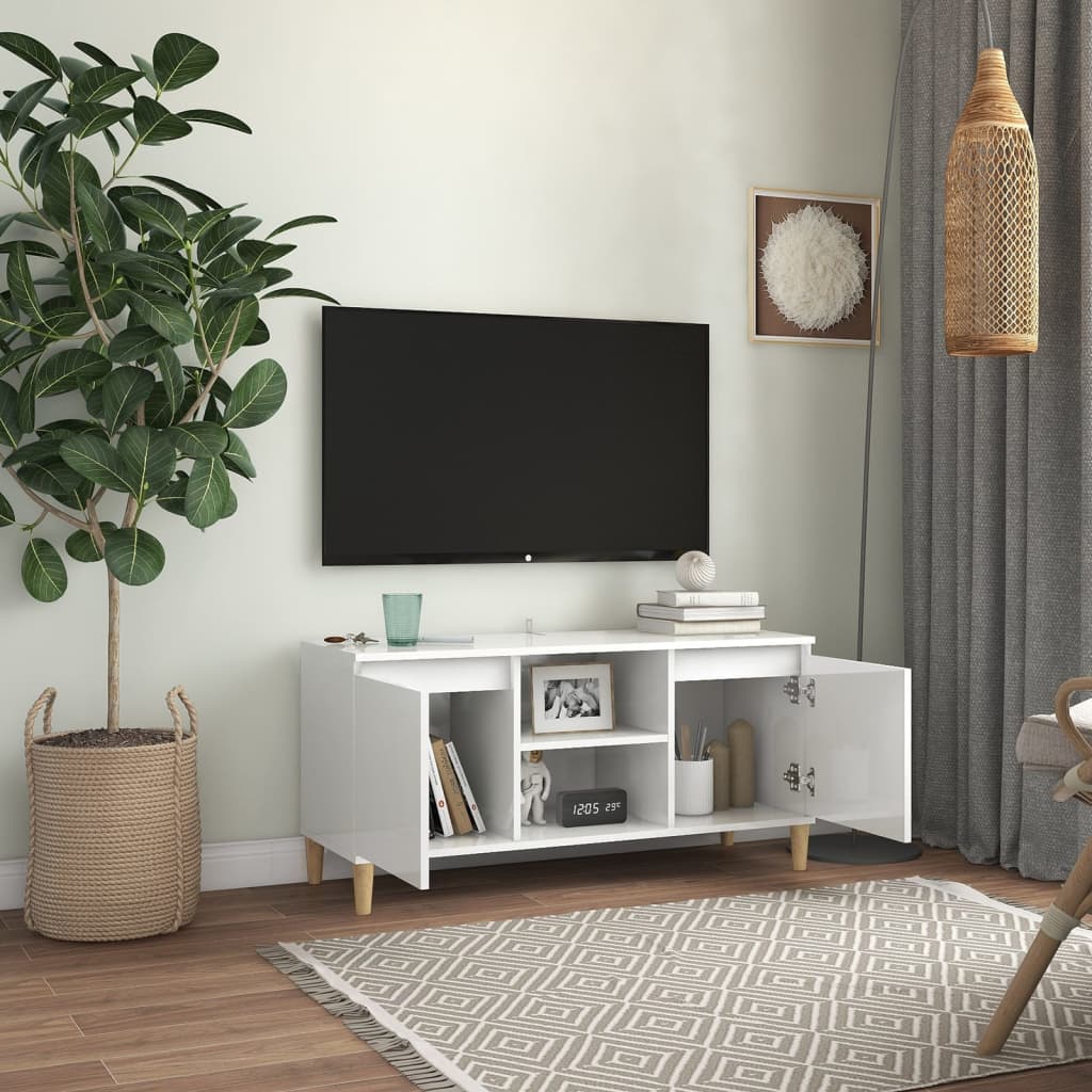 TV-Schrank mit Massivholz-Beinen Hochglanz-Weiß 103,5x35x50 cm
