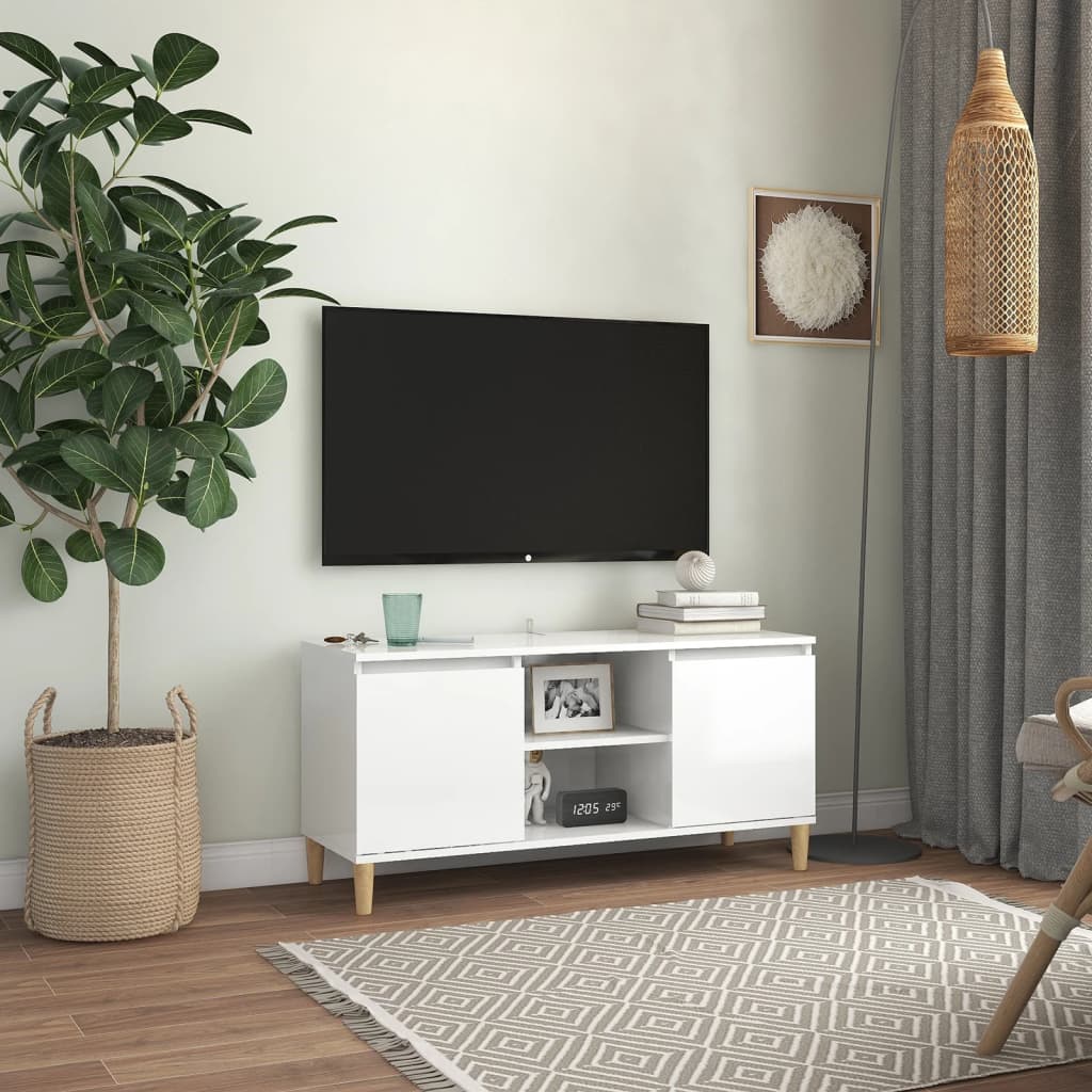 vidaXL Comodă TV & picioare lemn masiv alb extralucios 103,5x35x50 cm