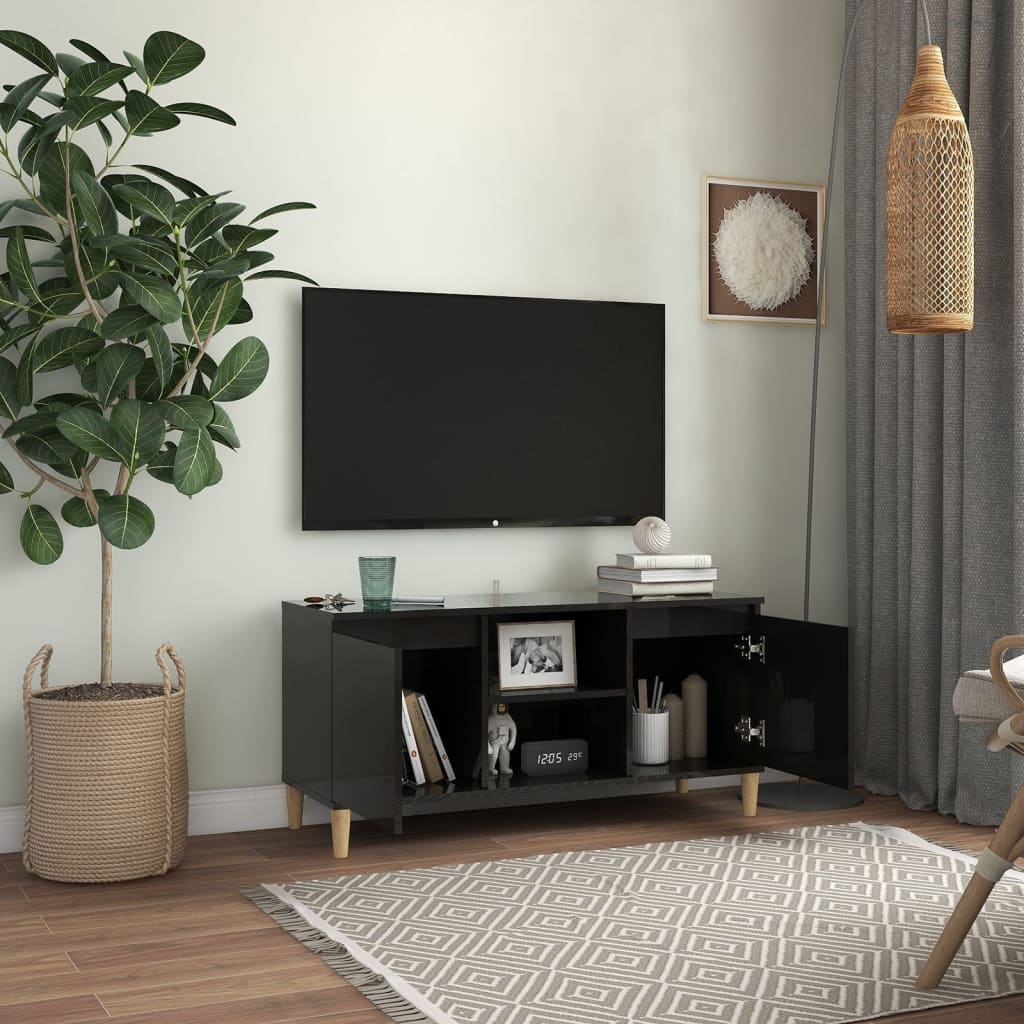vidaXL tv-bord med massive træben 103,5x35x50 cm sort højglans