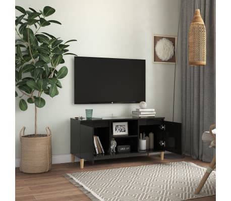 vidaXL tv-bord med massive træben 103,5x35x50 cm sort højglans