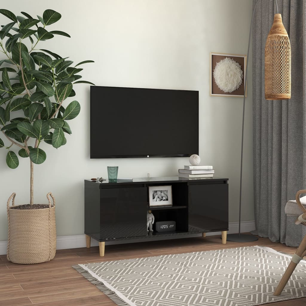 vidaXL Comodă TV & picioare lemn masiv negru extralucios 103,5x35x50cm