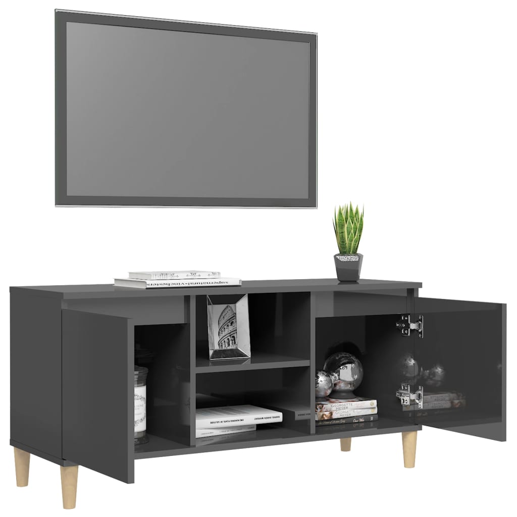 vidaXL TV Cabinet & Solid Wood Legs High Gloss Gray 40.7"x13.7"x19.6"