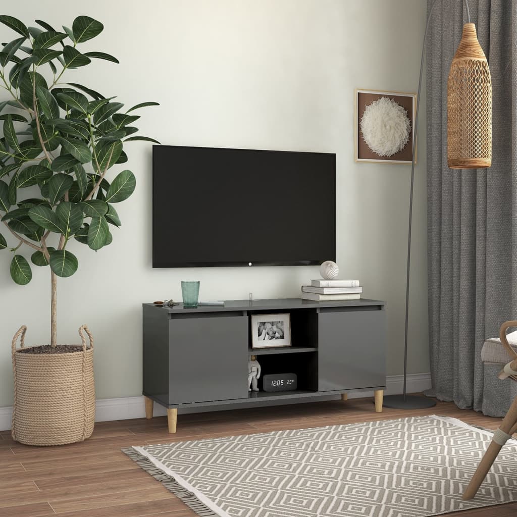 vidaXL Comodă TV & picioare lemn masiv gri extralucios 103,5x35x50 cm