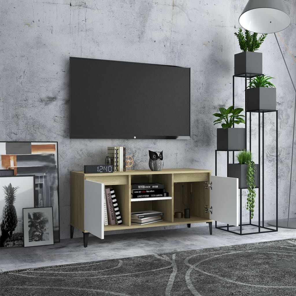 Meuble TV avec pieds en métal Blanc/chêne sonoma 103,5x35x50 cm | meublestv.fr 4