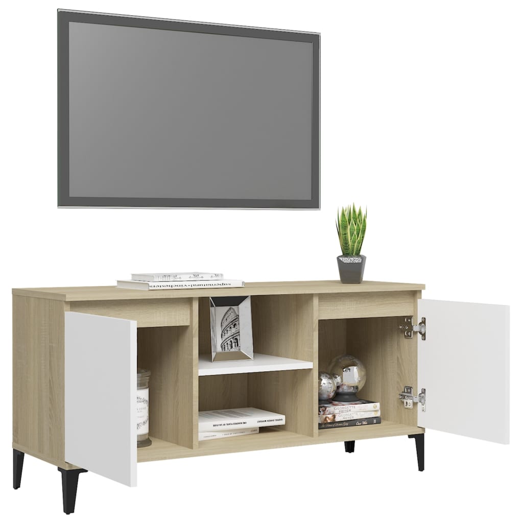 Meuble TV avec pieds en métal Blanc/chêne sonoma 103,5x35x50 cm | meublestv.fr 5